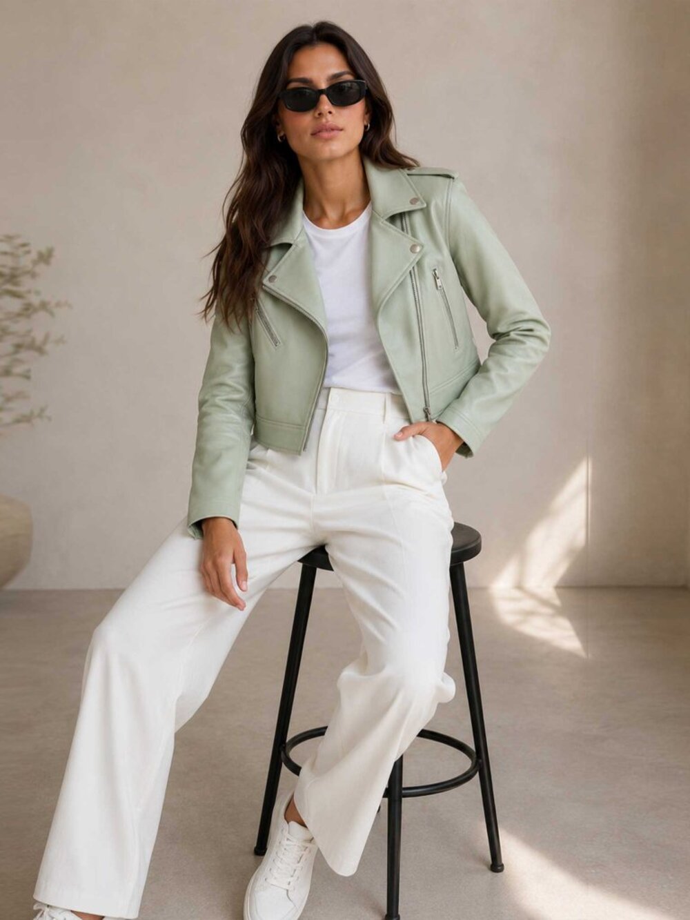 NWT Zara faux leather zip up cropped biker moto jacket mint green M